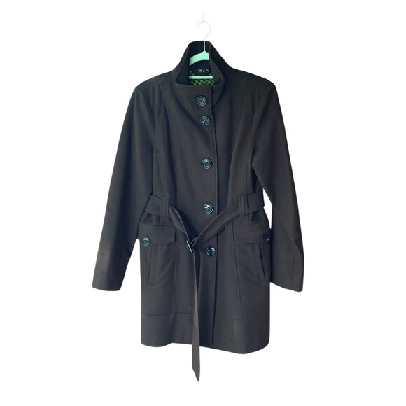 Steve Madden Women Large Brown Wool Blend Belted Winter Coat Button Front Pocket - Picture 1 of 9